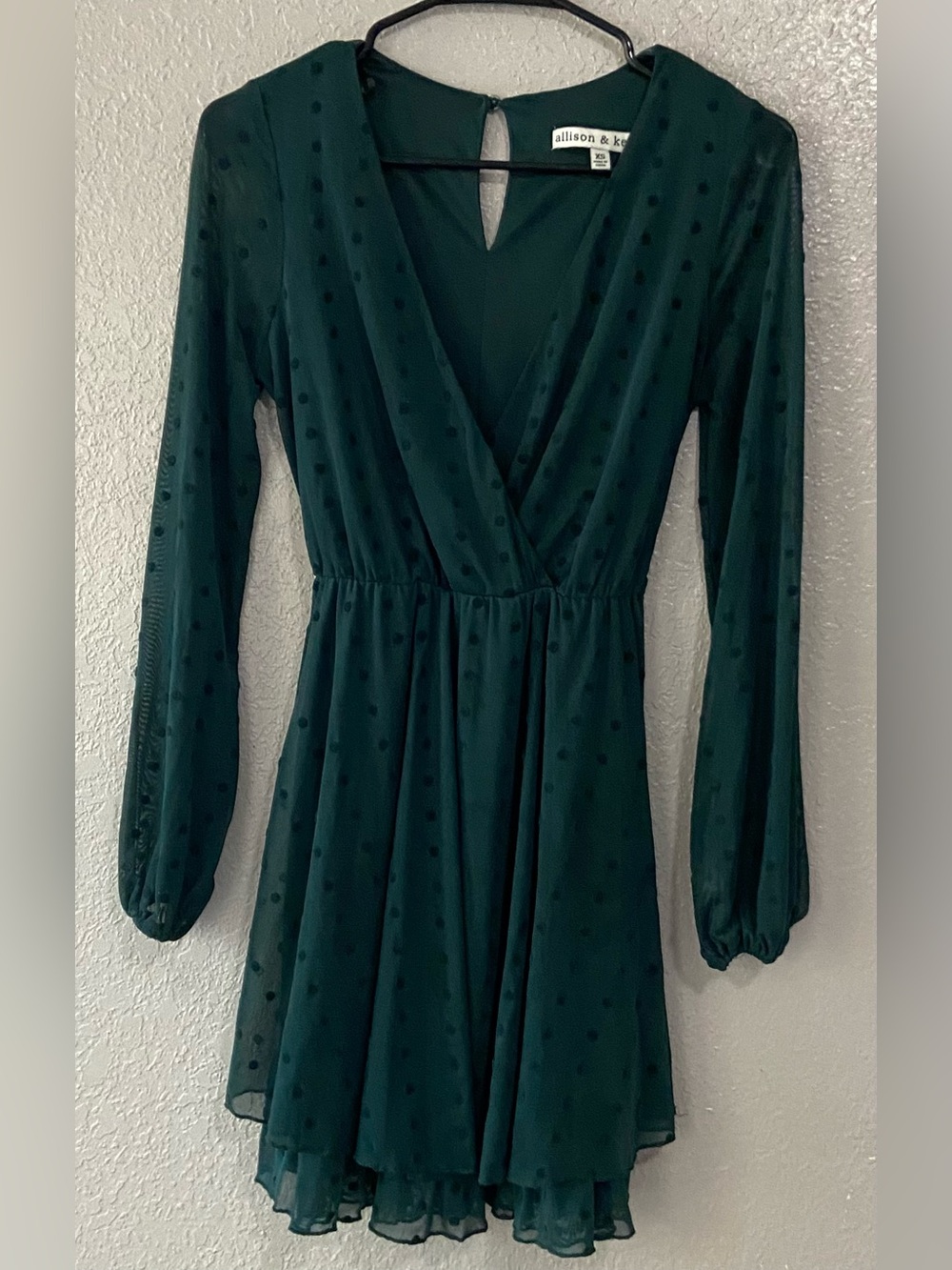 Allison Taylor Dark Green Long Sleeve Wrap Romper Dress